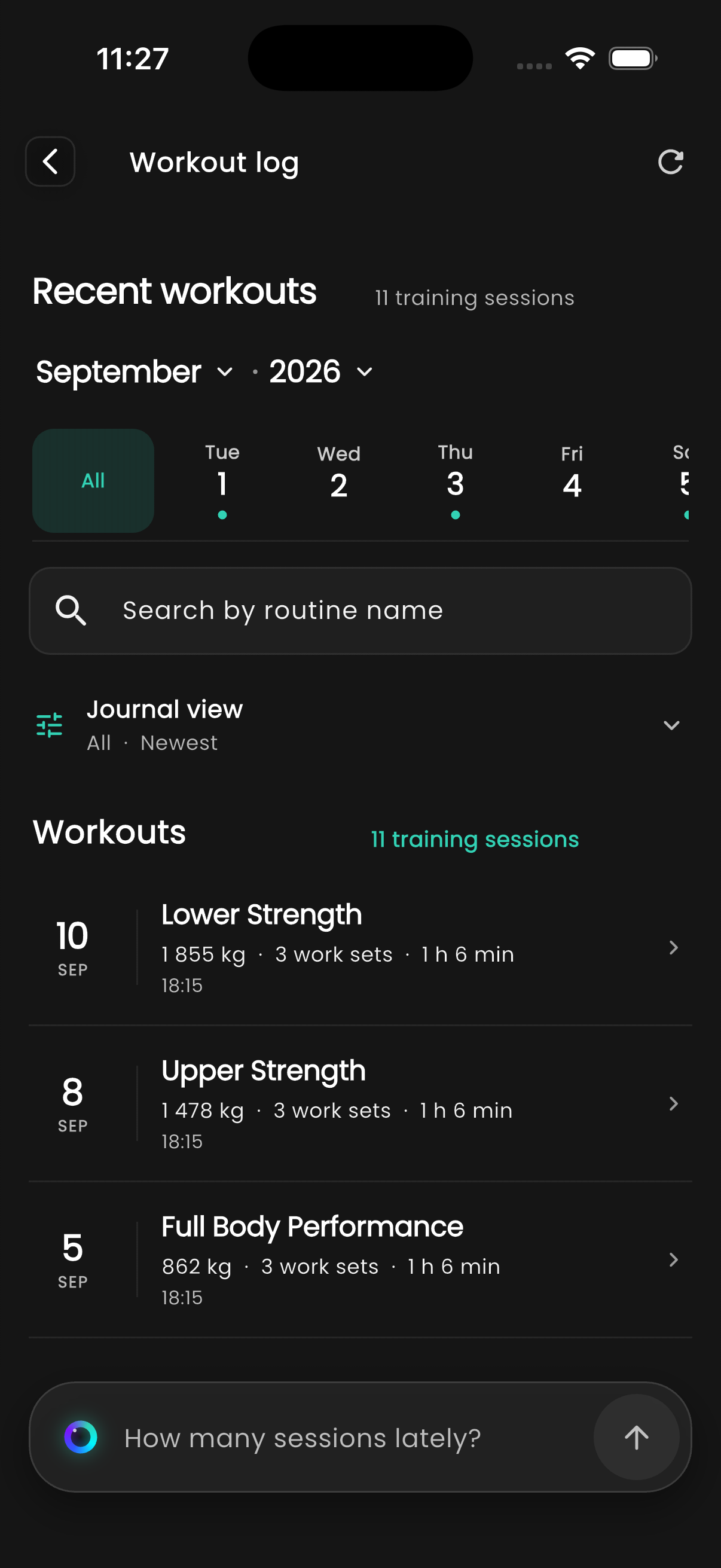 GymTracker workout history with dated Upper Strength and Lower Strength sessions