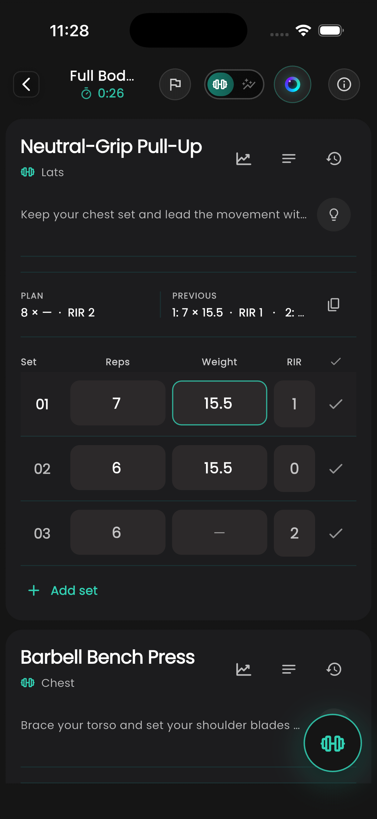 GymTracker workout log showing exercises, weights and reps